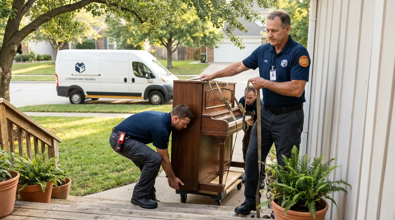 Licensed piano movers securing grand piano in Balm, FL